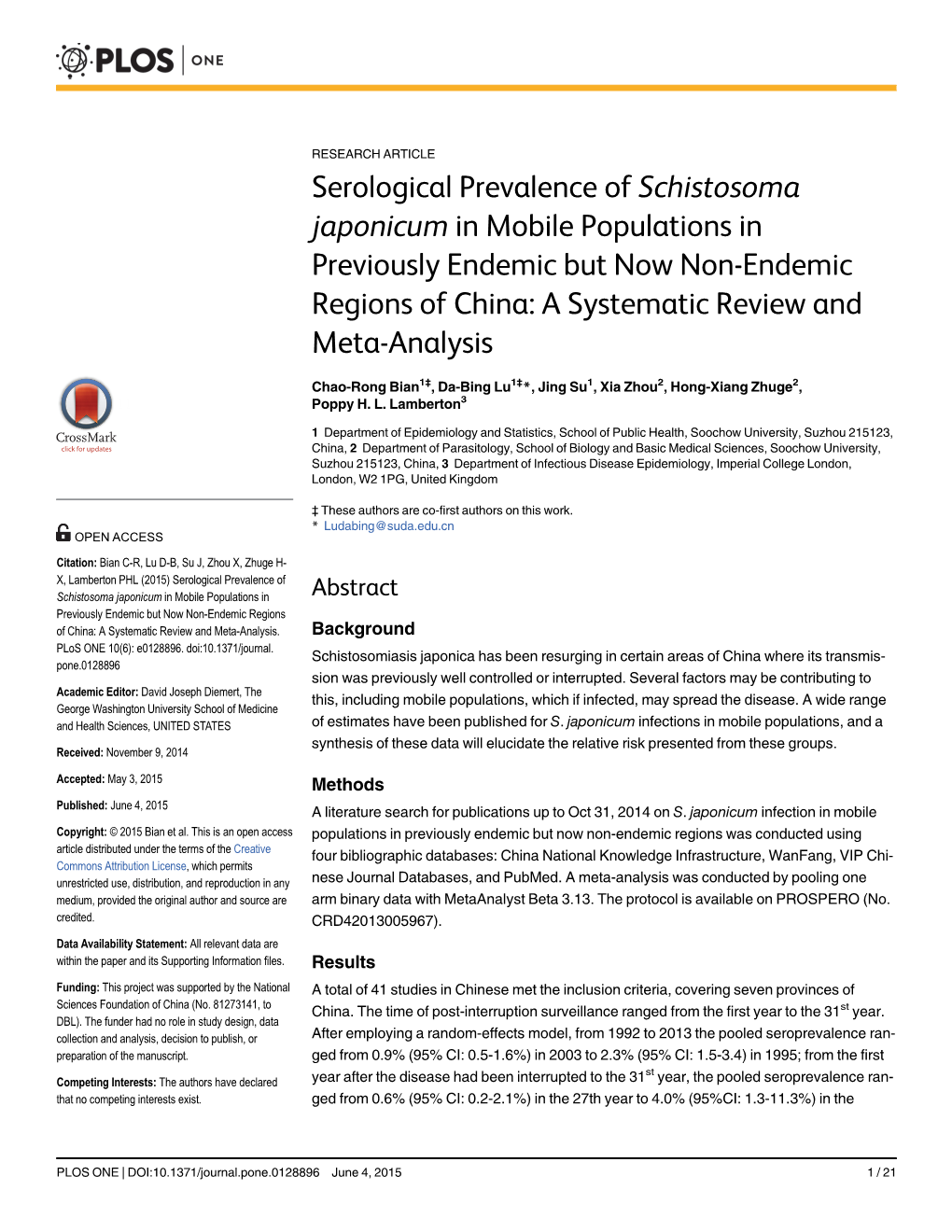 Serological Prevalence of Schistosoma Japonicum in Mobile Populations in Previously Endemic but Now Non-Endemic Regions of China