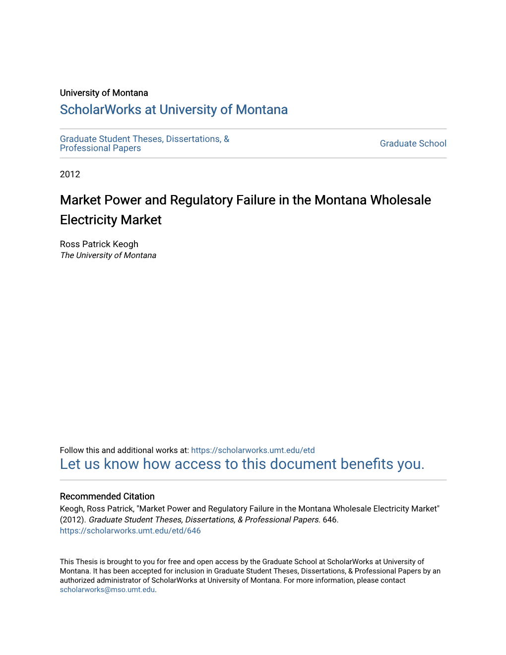Market Power and Regulatory Failure in the Montana Wholesale Electricity Market