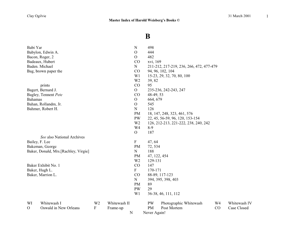 Master Index of Harold Weisberg S Books