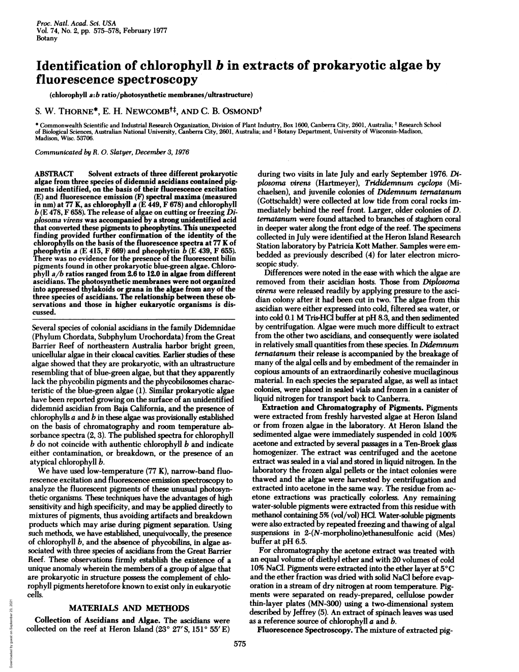 Identification of Chlorophyll B in Extracts of Prokaryotic Algae by Fluorescence Spectroscopy (Chlorophyll A:B Ratio/Photosynthetic Membranes/Ultrastructure) S