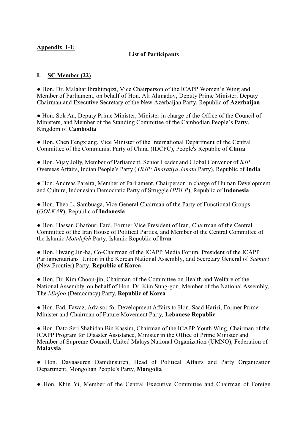 Appendix I-1: List of Participants I. SC Member (22) Hon. Dr. Malahat