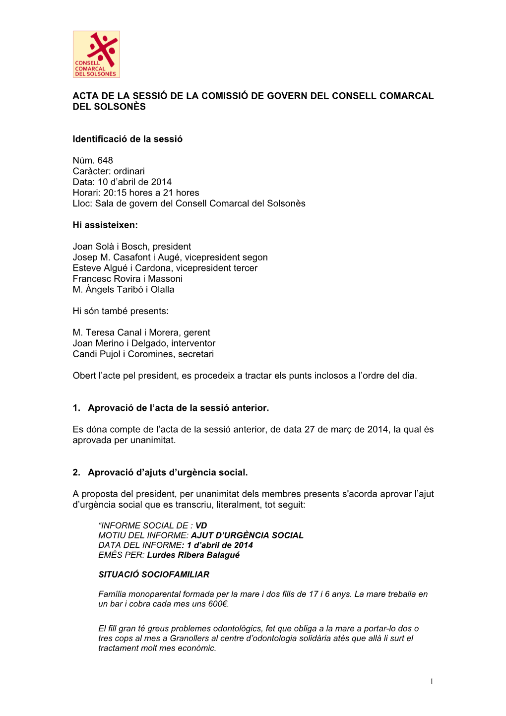 Acta De La Sessió De La Comissió De Govern Del Consell Comarcal Del Solsonès