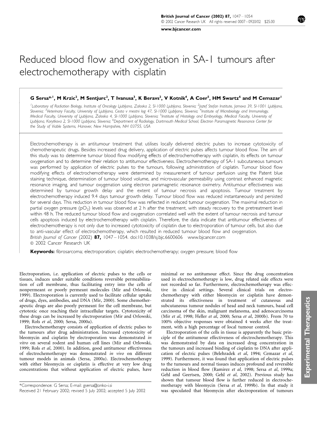 Reduced Blood Flow and Oxygenation in SA-1 Tumours After