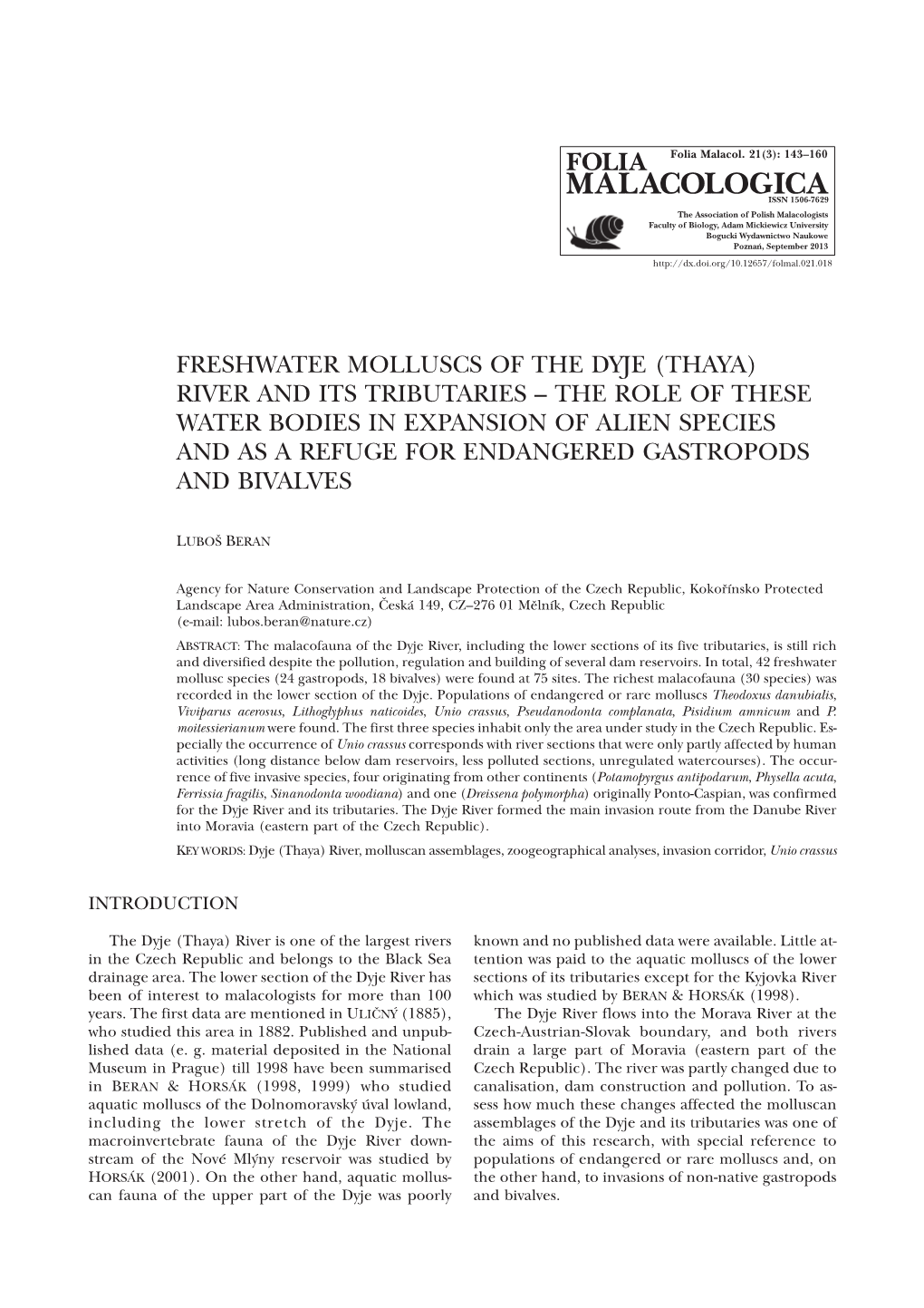 Freshwater Molluscs of the Dyje (Thaya) River and Its Tributaries