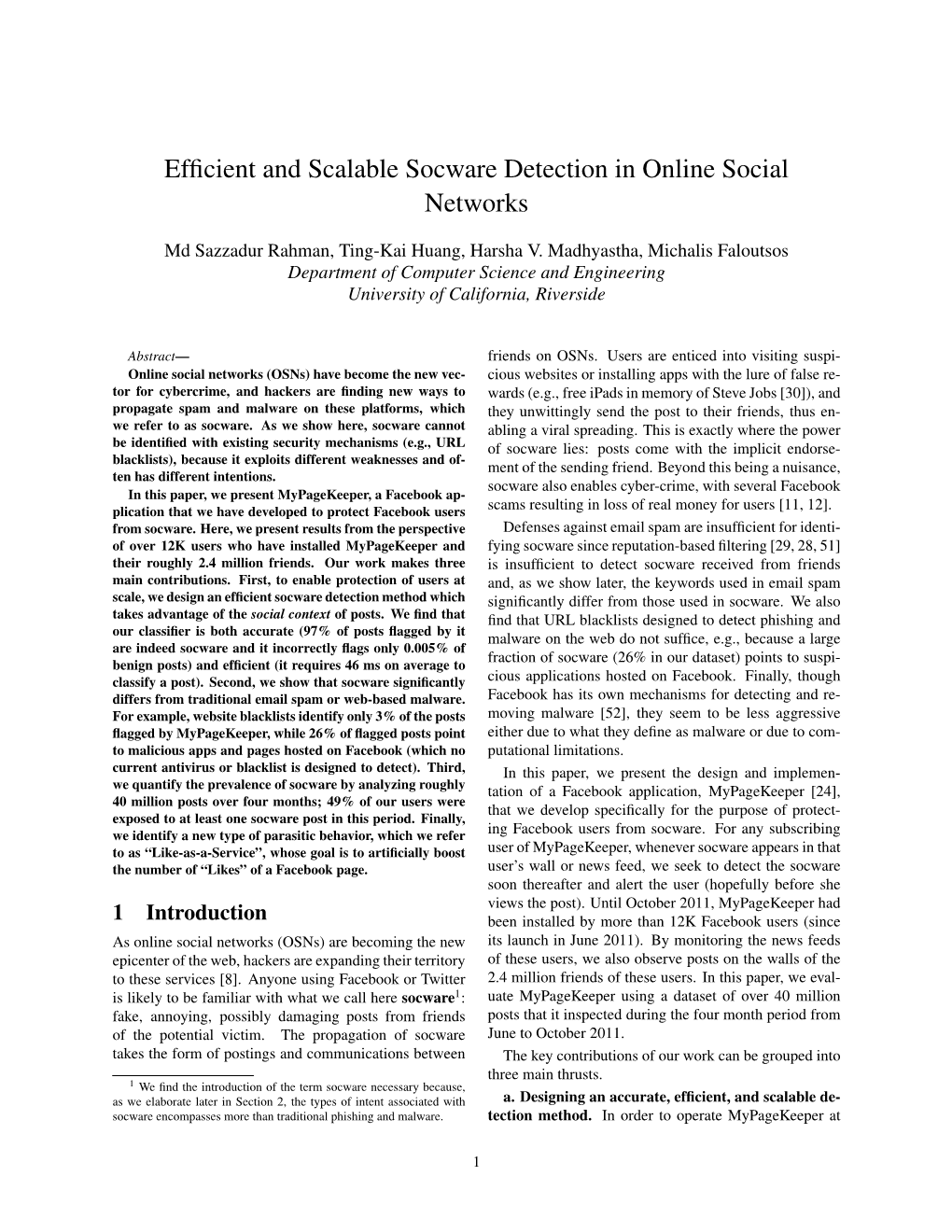 Efficient and Scalable Socware Detection in Online Social Networks
