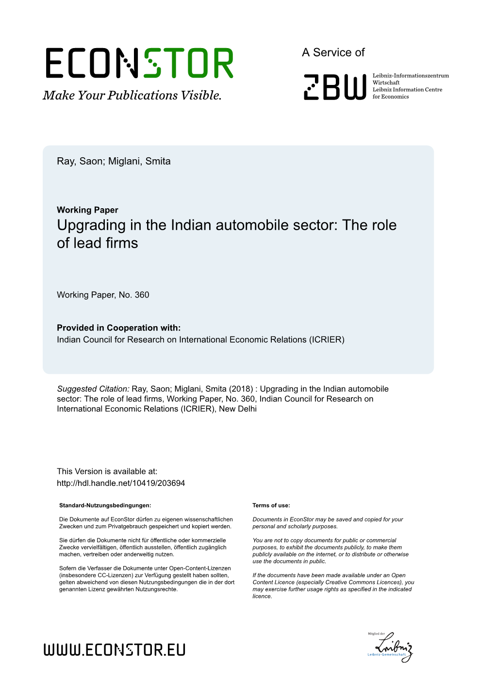 Upgrading in the Indian Automobile Sector: the Role of Lead Firms