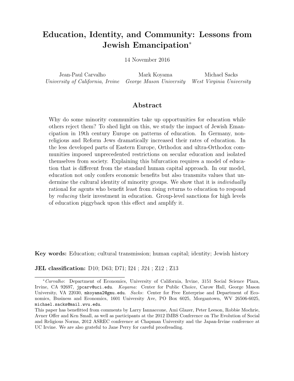 Education, Identity, and Community: Lessons from Jewish Emancipation∗