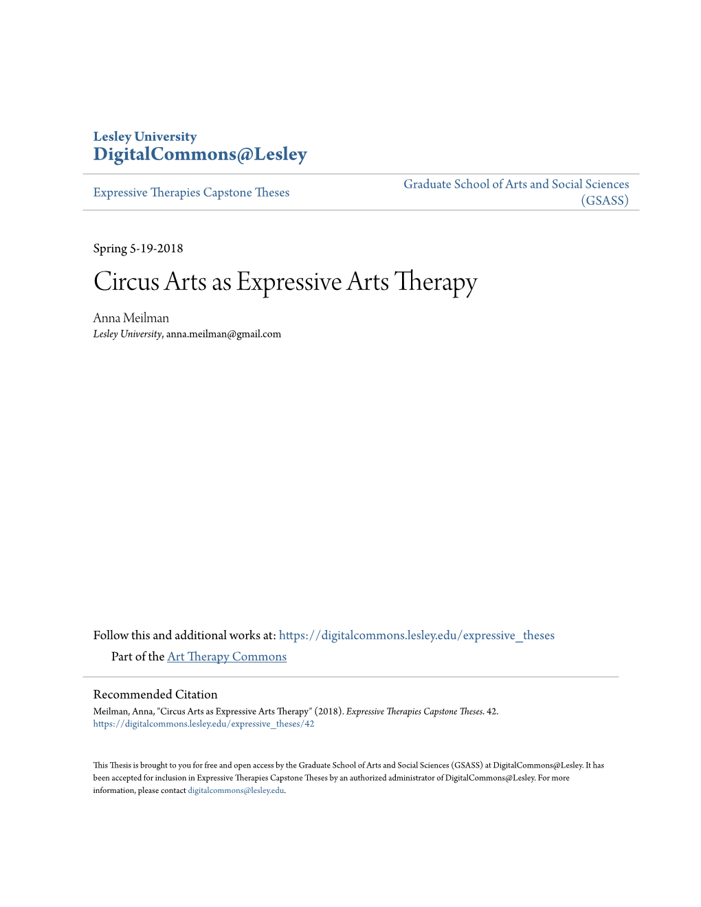 Circus Arts As Expressive Arts Therapy Anna Meilman Lesley University, Anna.Meilman@Gmail.Com