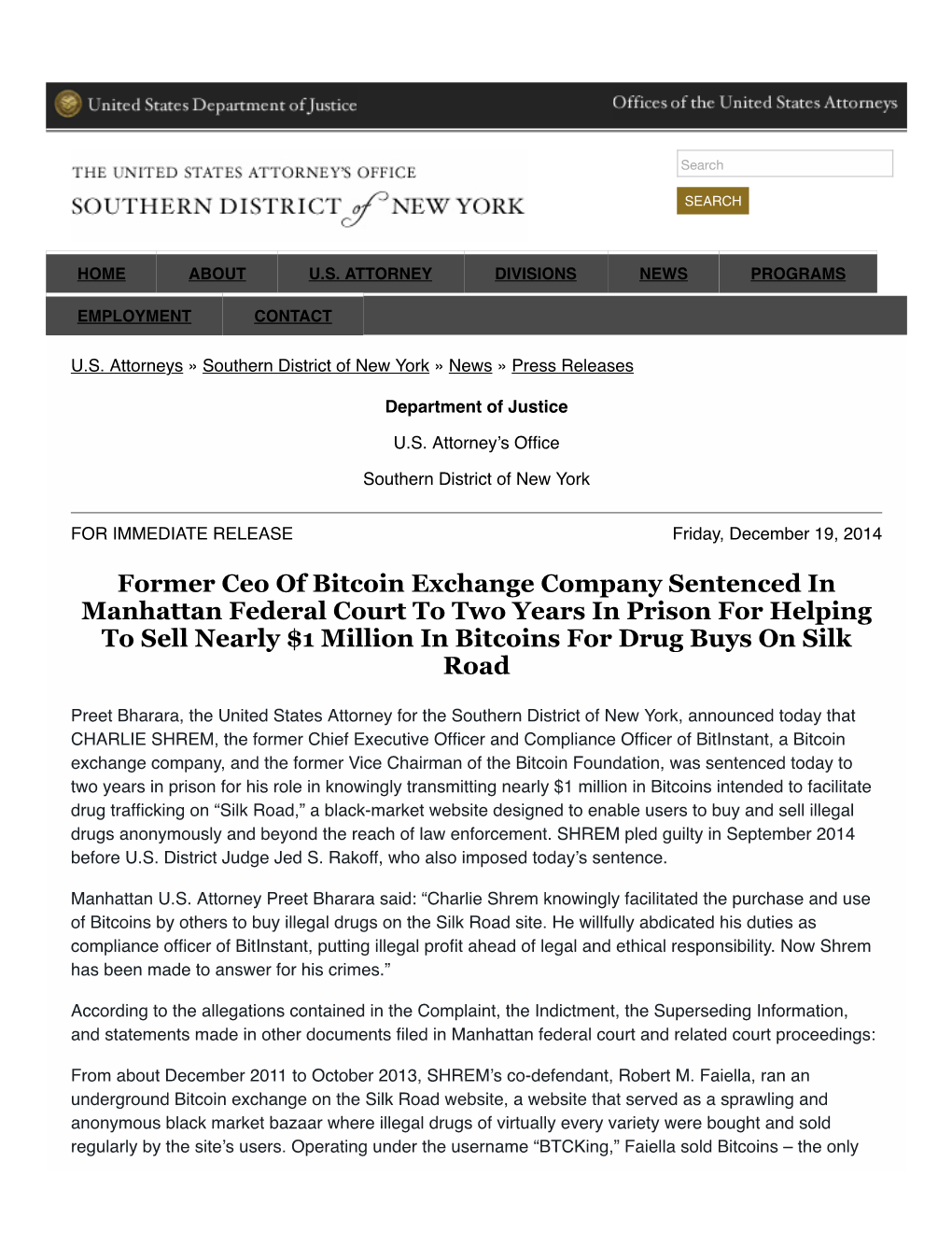 Former Ceo of Bitcoin Exchange Company Sentenced in Manhattan