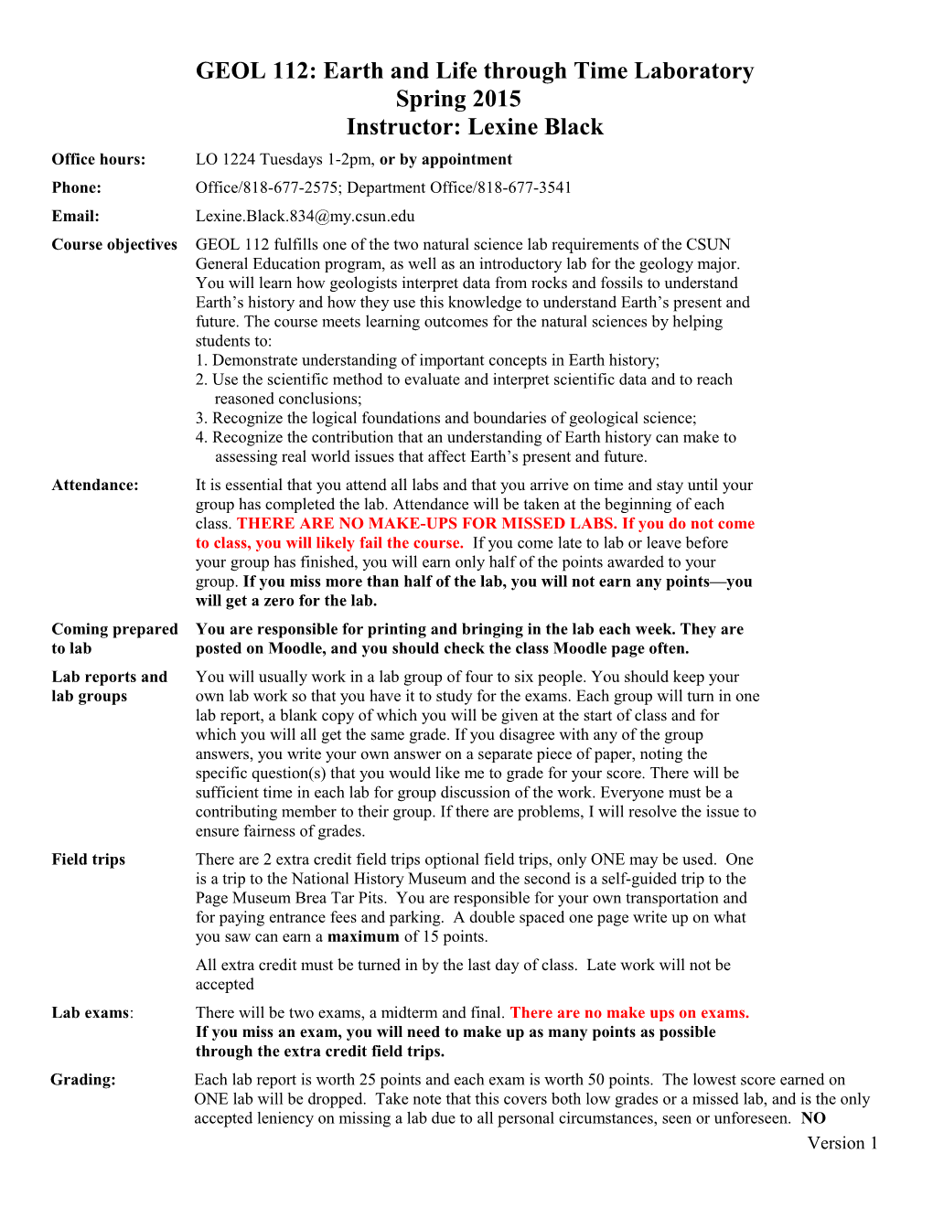 Geol 112: Earth History Laboratory	Fall 1997	Dr. Pedone