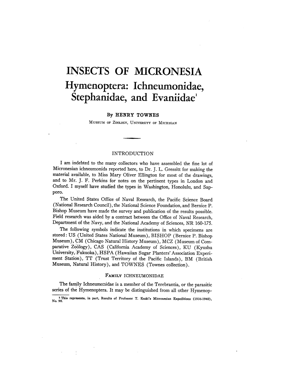 INSECTS of MICRONESIA Hymenoptera: Ichneumonidae, Stephanidae, and Evaniidael