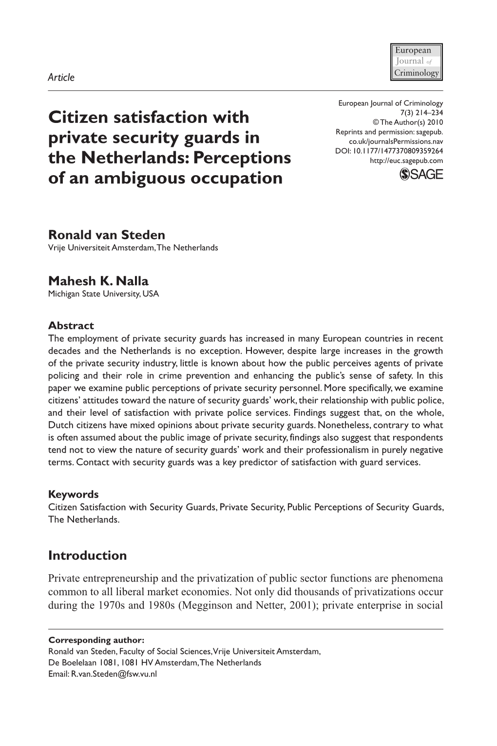Citizen Satisfaction with Private Security Guards in the Netherlands: Perceptions of an Ambiguous Occupation
