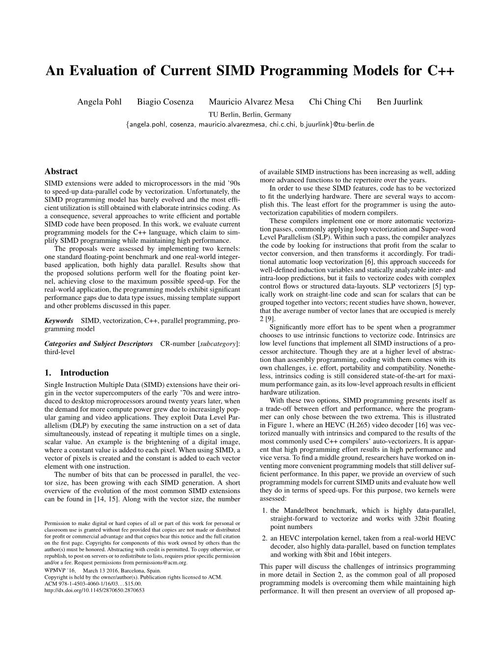 An Evaluation of Current SIMD Programming Models for C++