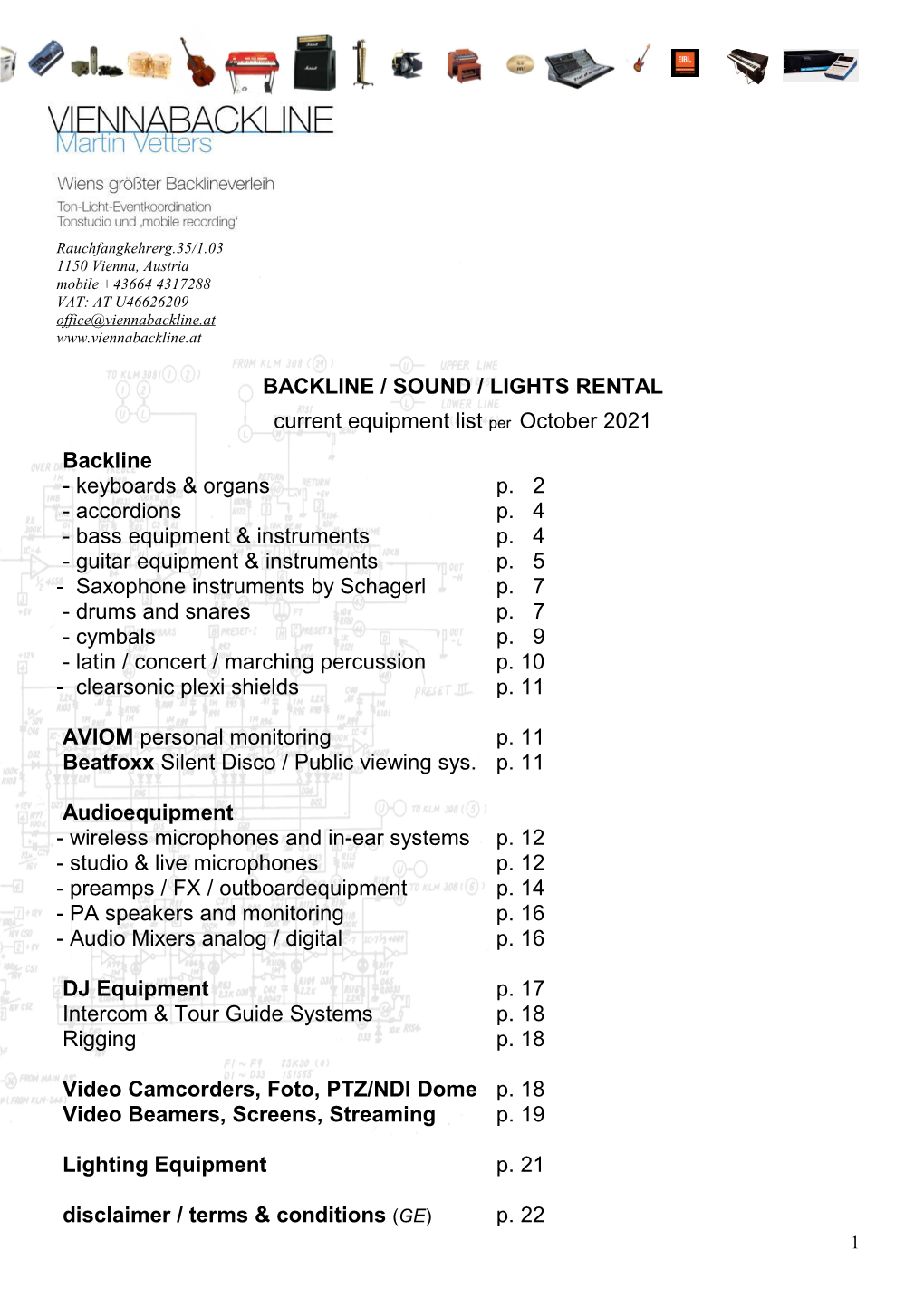 BACKLINE / SOUND / LIGHTS RENTAL Current Equipment List Per