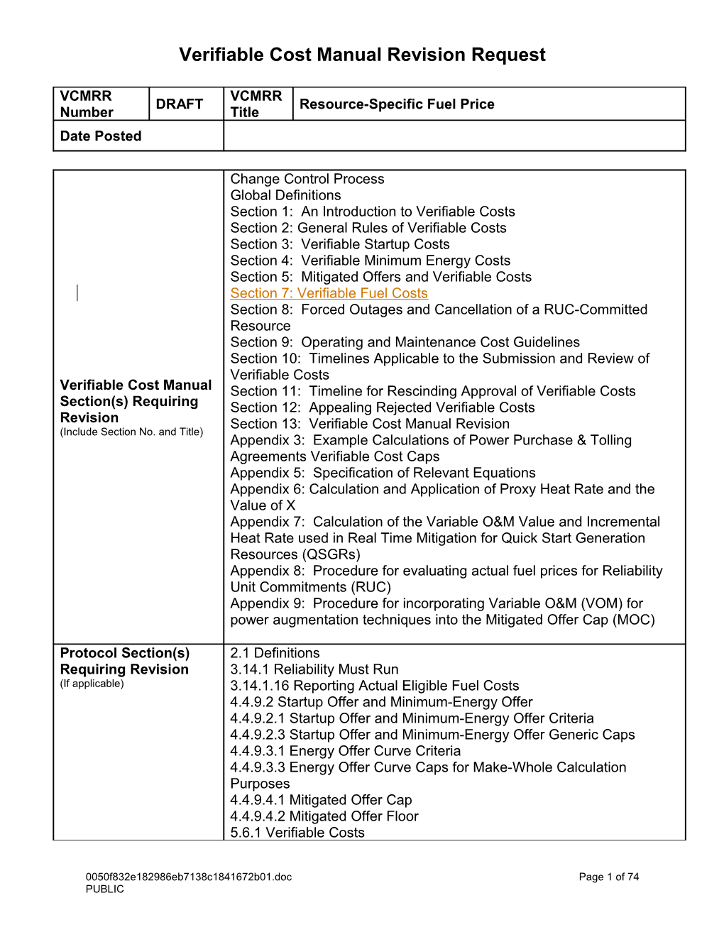 Verifiable Cost Manual Revision Request