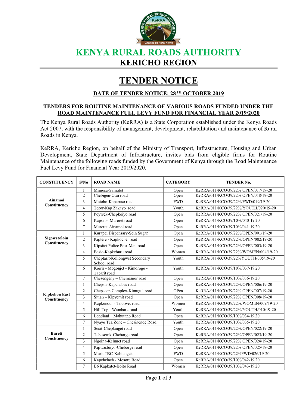 Kenya Rural Roads Authority Tender Notice