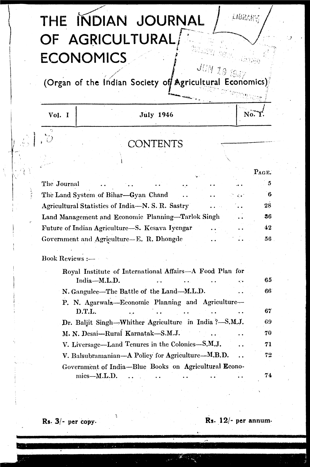 \ the Indian Journal of Agricultural! Economics