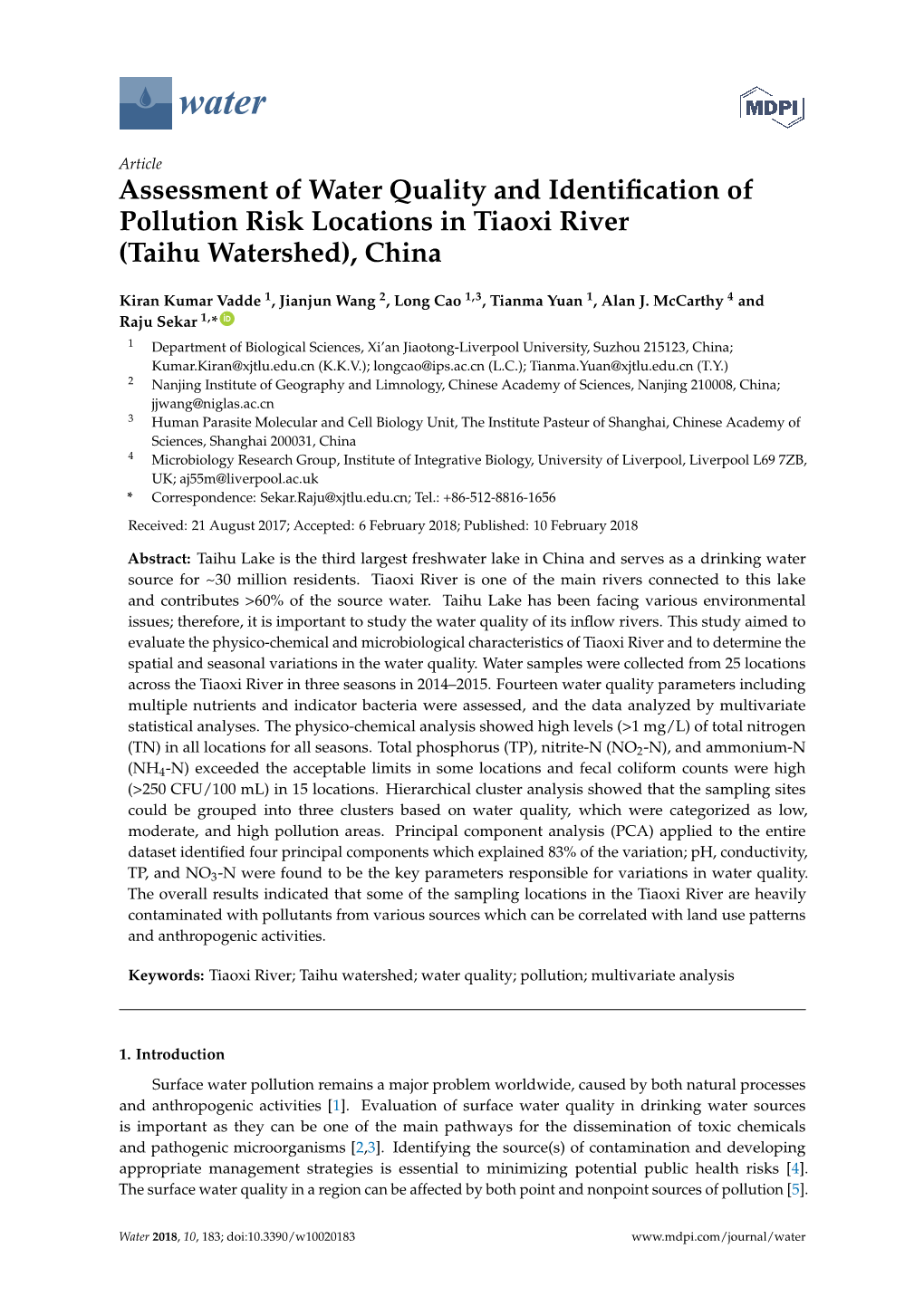 Assessment of Water Quality and Identification of Pollution Risk