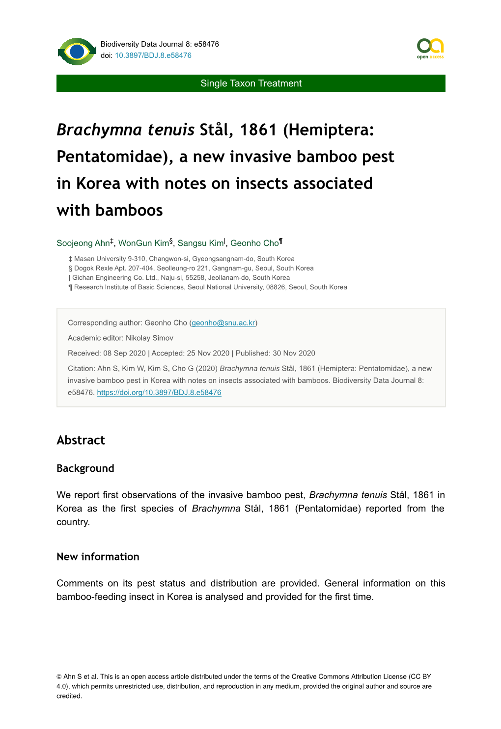 (Hemiptera: Pentatomidae), a New Invasive Bamboo Pest in Korea with Notes on Insects Associated with Bamboos