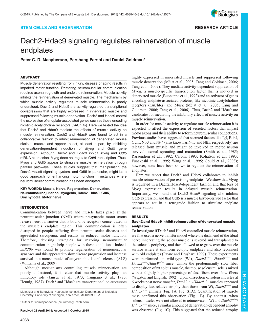 Dach2-Hdac9 Signaling Regulates Reinnervation of Muscle Endplates Peter C