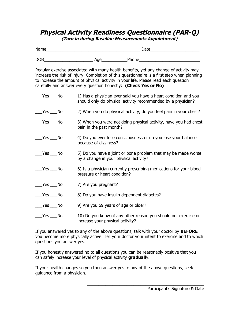 Physical Activity Readiness Questionnaire (PAR-Q)