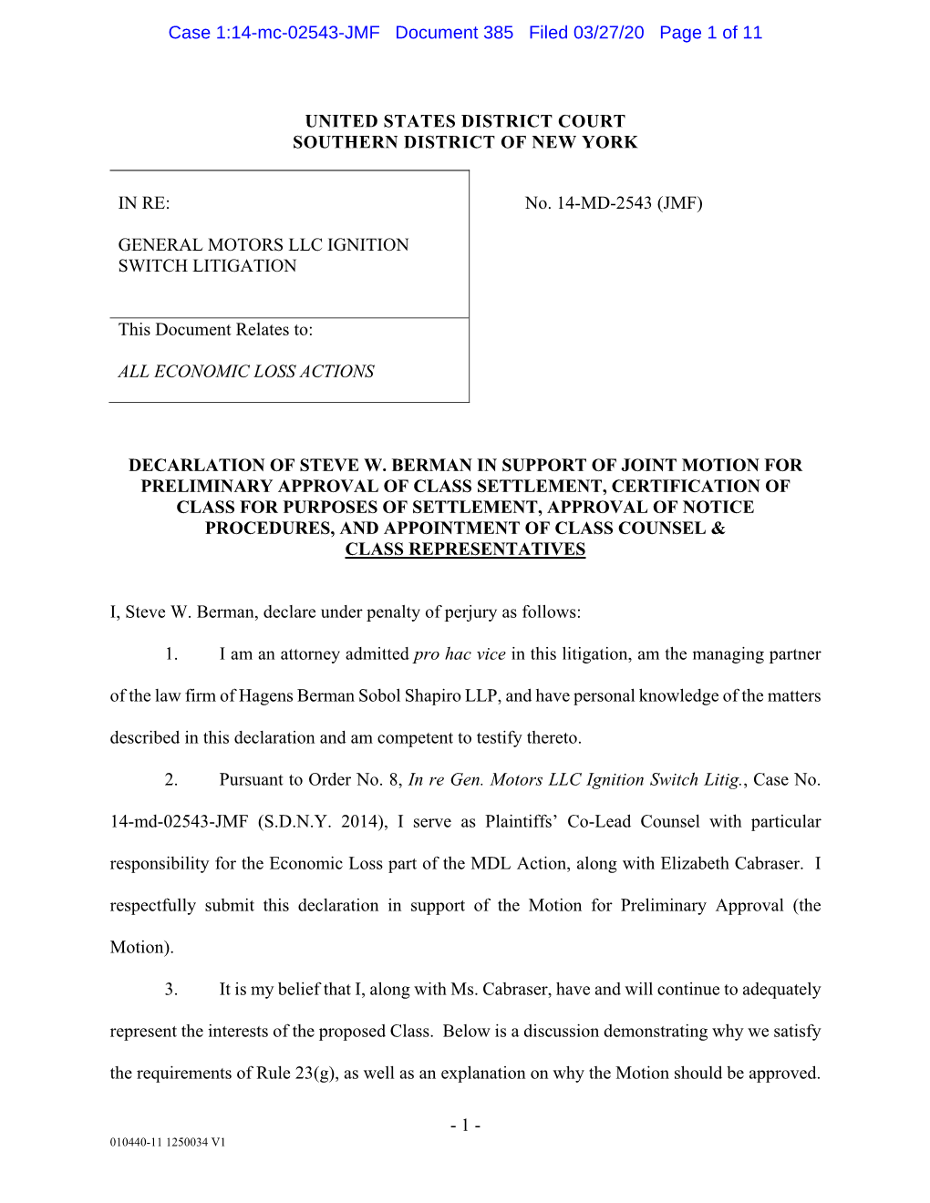 GENERAL MOTORS LLC IGNITION SWITCH LITIGATION No. 14-MD