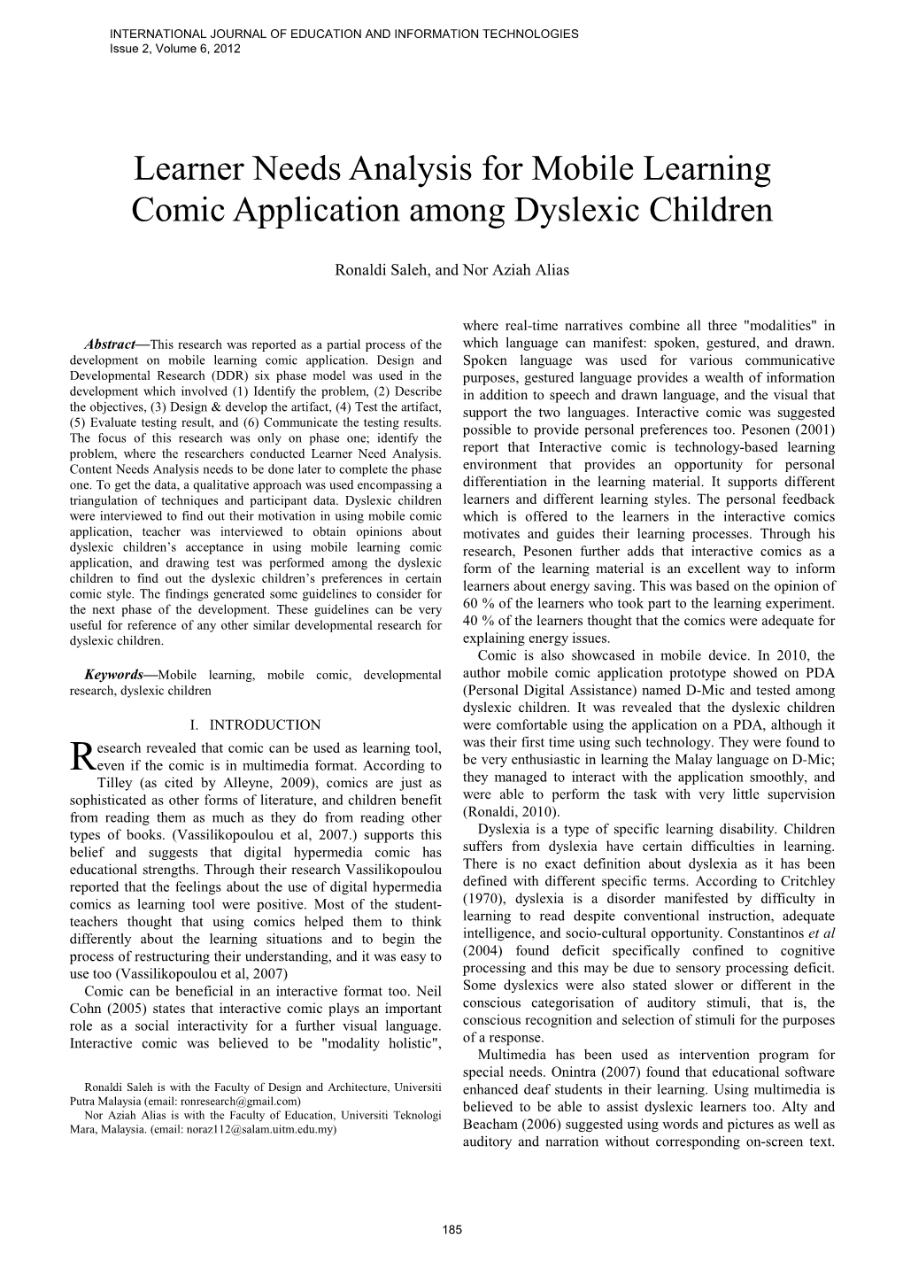 Learner Needs Analysis for Mobile Learning Comic Application Among Dyslexic Children