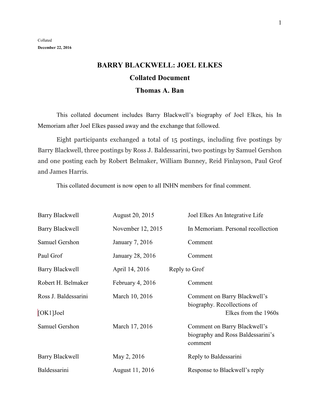 BARRY BLACKWELL: JOEL ELKES Collated Document Thomas A. Ban