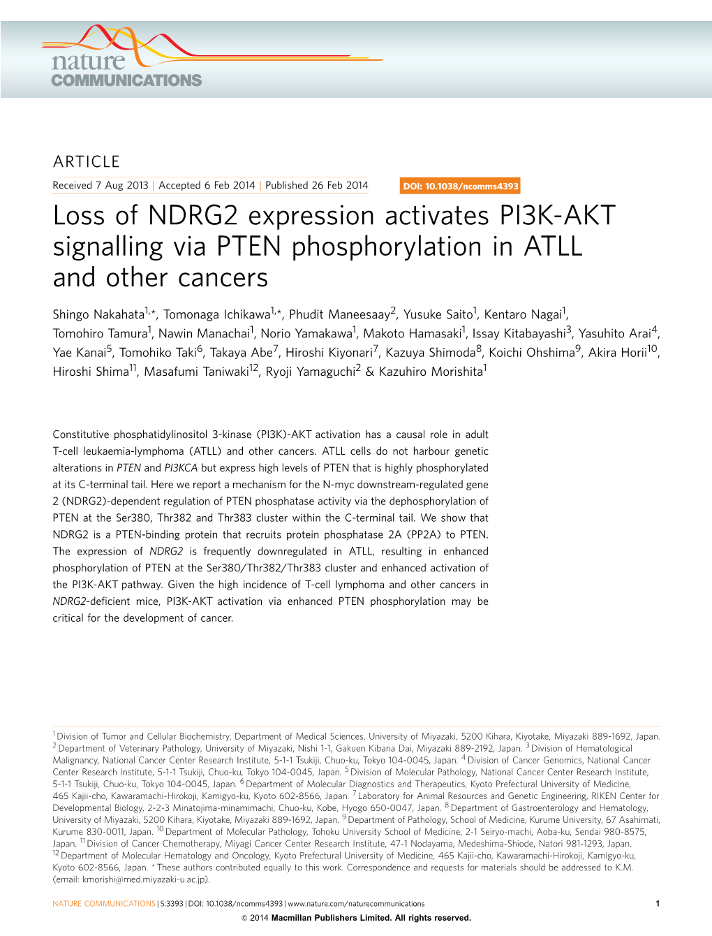 Loss of NDRG2 Expression Activates PI3K-AKT Signalling Via PTEN Phosphorylation in ATLL and Other Cancers