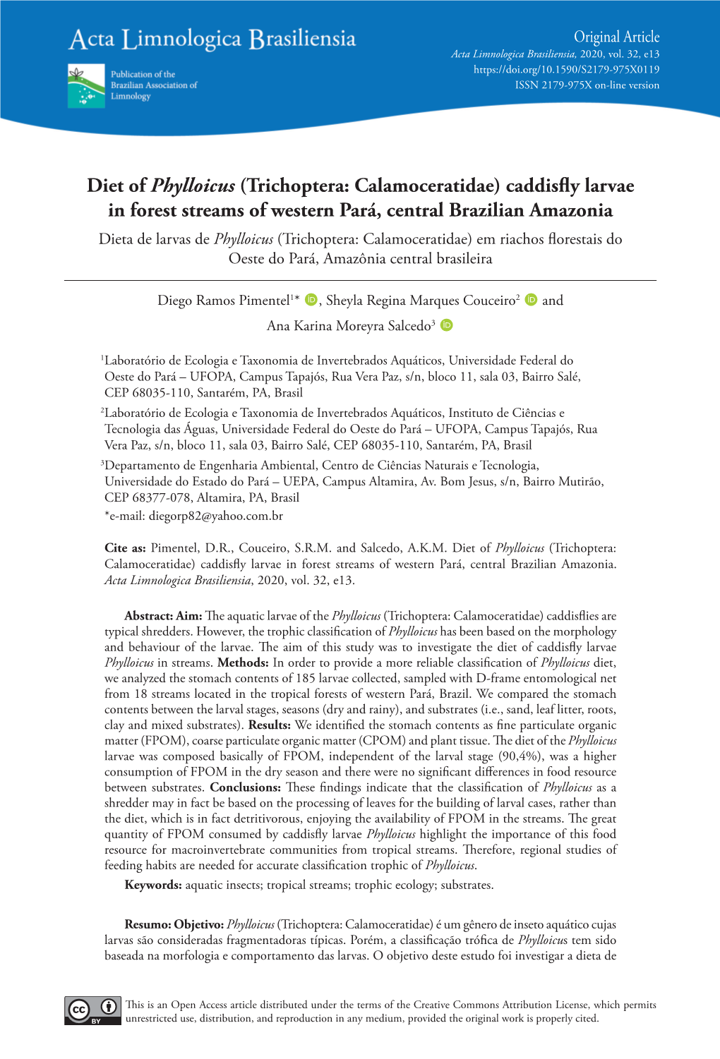 Diet of Phylloicus (Trichoptera: Calamoceratidae) Caddisfly Larvae