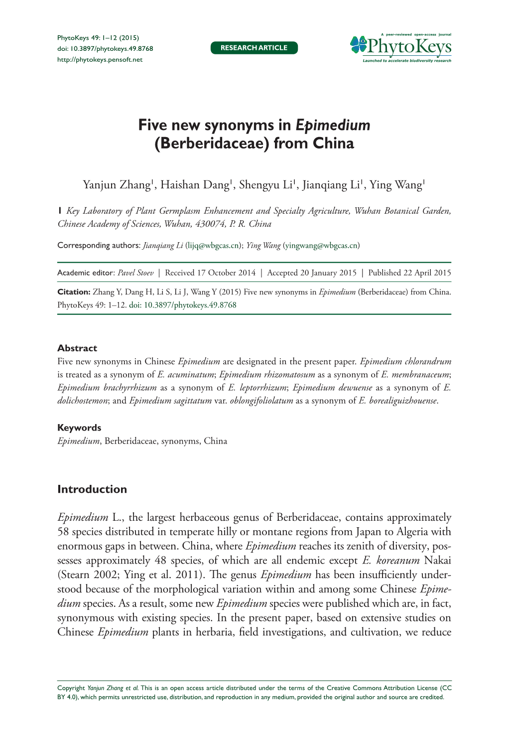 Berberidaceae) from China 1 Doi: 10.3897/Phytokeys.49.8768 RESEARCH ARTICLE Launched to Accelerate Biodiversity Research