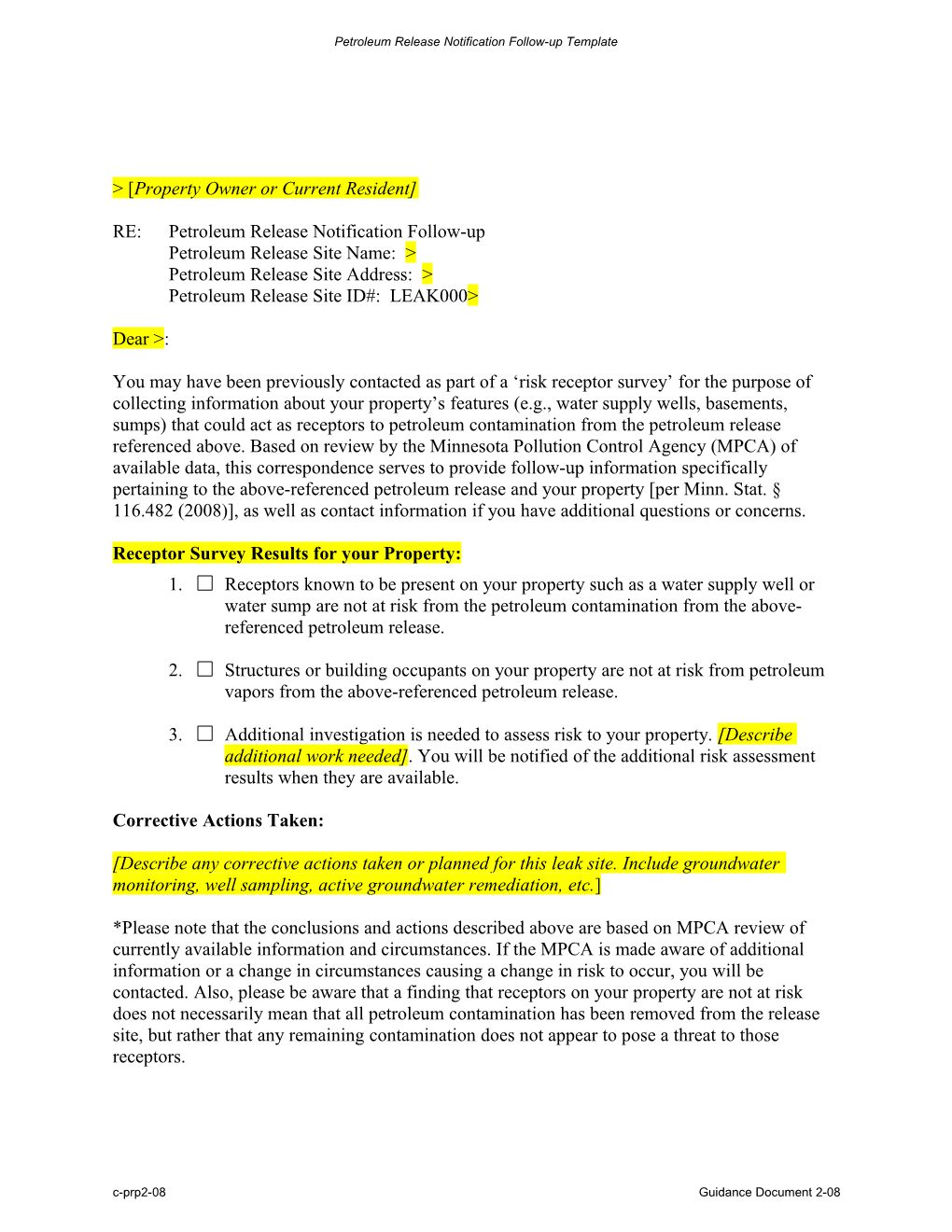 Petroleum Remediation Program Release Notification Documents