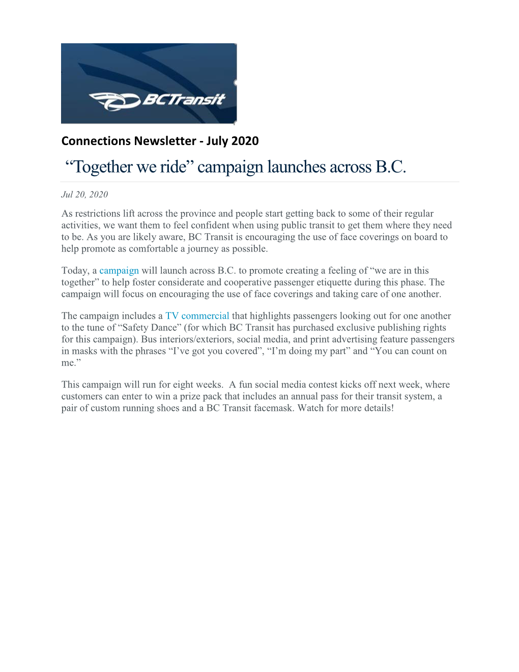 July 2020 “Together We Ride” Campaign Launches Across B.C