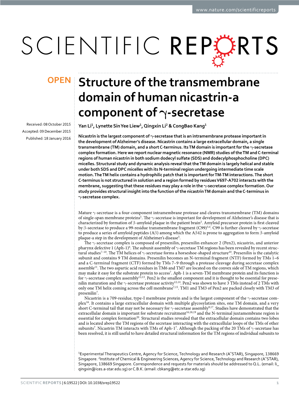 Structure of the Transmembrane Domain of Human Nicastrin-A