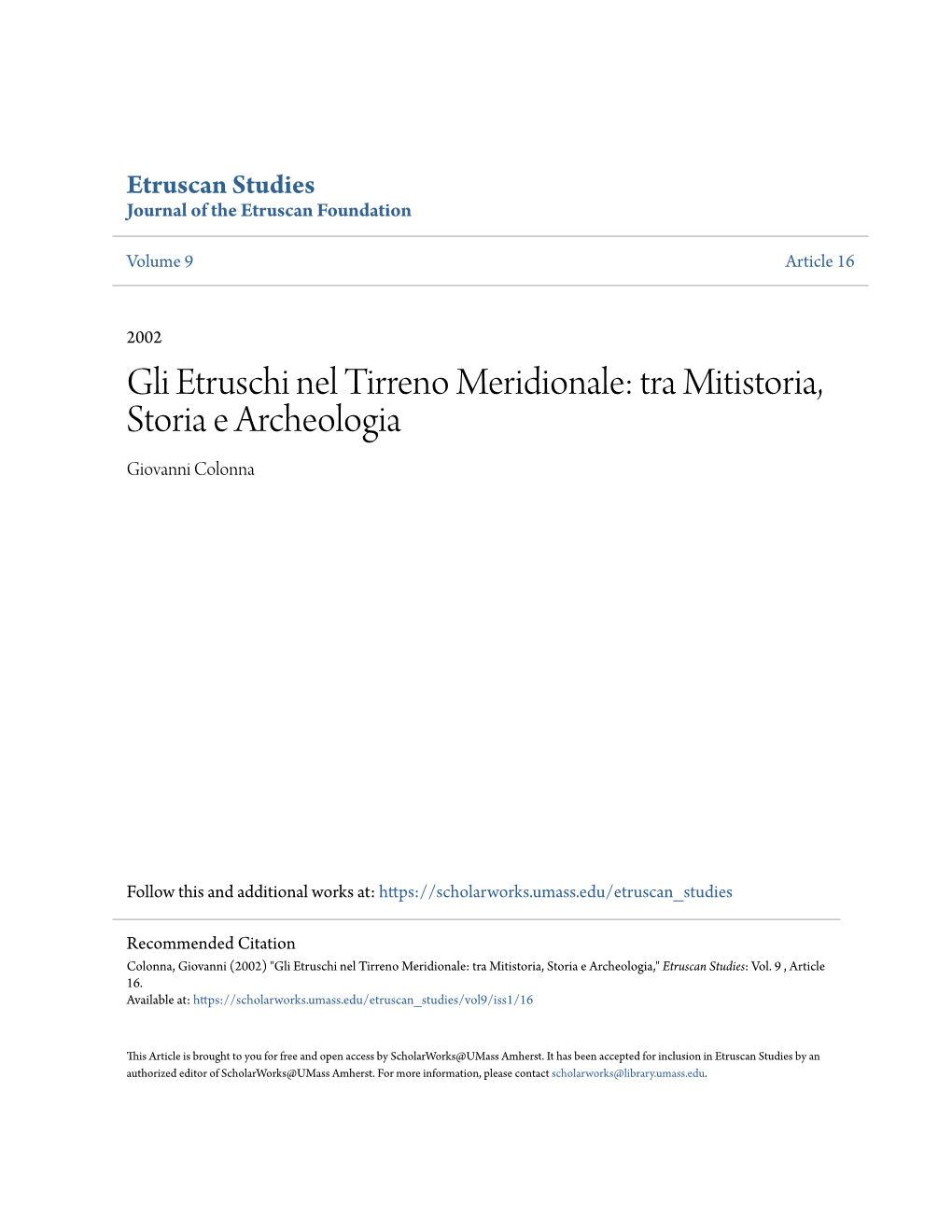 Gli Etruschi Nel Tirreno Meridionale: Tra Mitistoria, Storia E Archeologia Giovanni Colonna