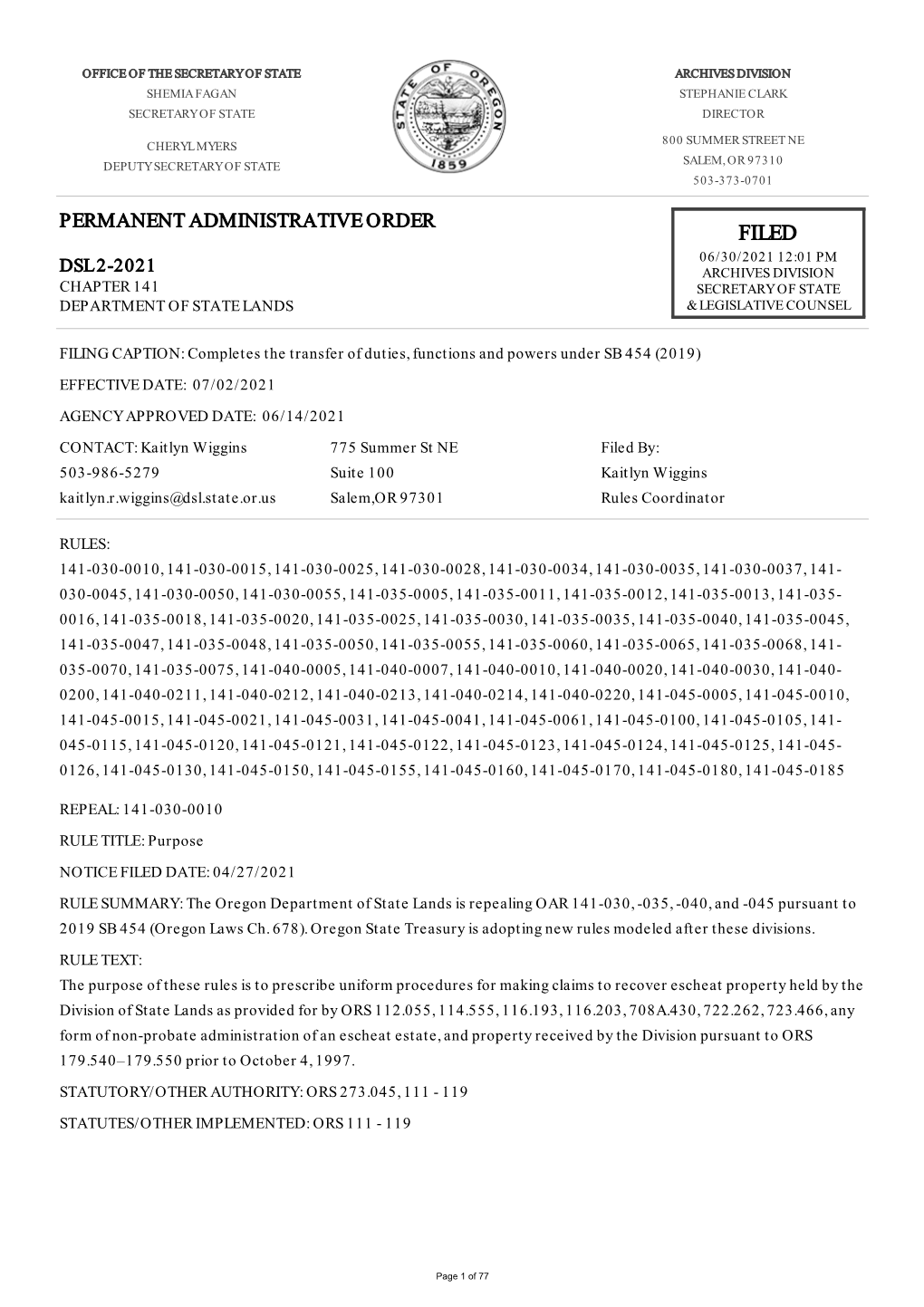 Permanent Administrative Order Filed 06/30/2021 12:01 Pm Dsl 2-2021 Archives Division Chapter 141 Secretary of State Department of State Lands & Legislative Counsel