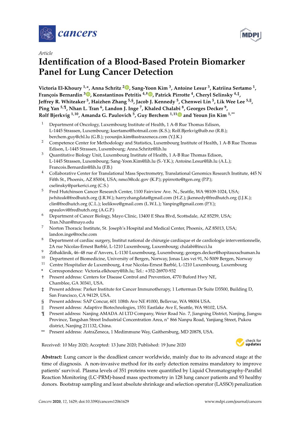 Identification of a Blood-Based Protein Biomarker Panel for Lung Cancer Detection