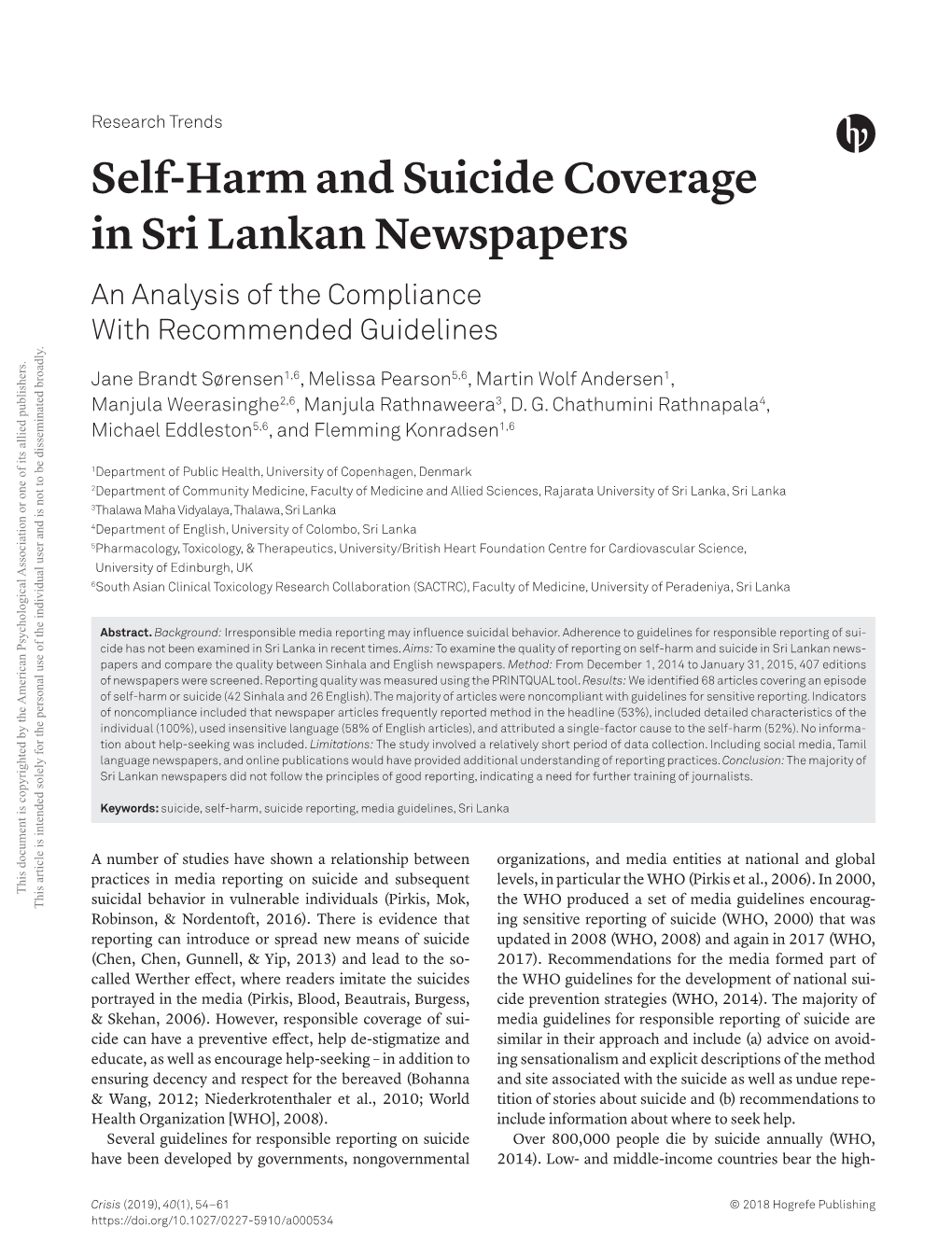 Self-Harm and Suicide Coverage in Sri Lankan Newspapers an Analysis of the Compliance with Recommended Guidelines