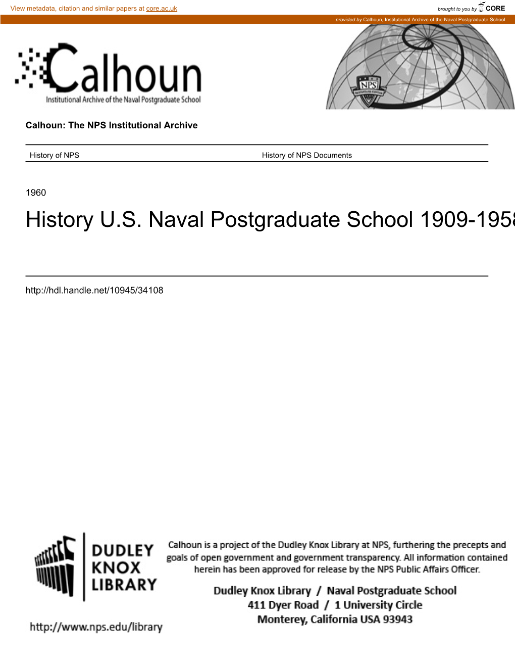 History U.S. Naval Postgraduate School 1909-1958