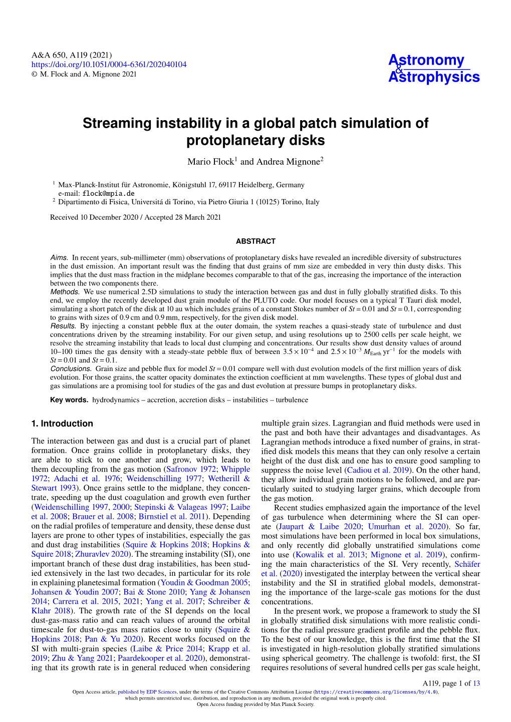 Streaming Instability in a Global Patch Simulation of Protoplanetary Disks Mario Flock1 and Andrea Mignone2