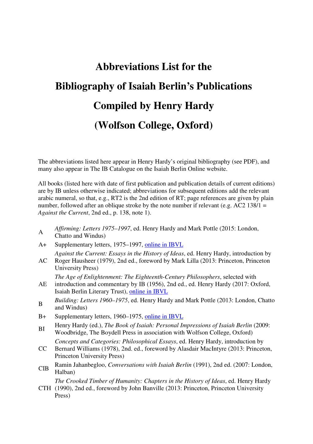 Abbreviations List for the Bibliography of Isaiah Berlin’S Publications Compiled by Henry Hardy (Wolfson College, Oxford)