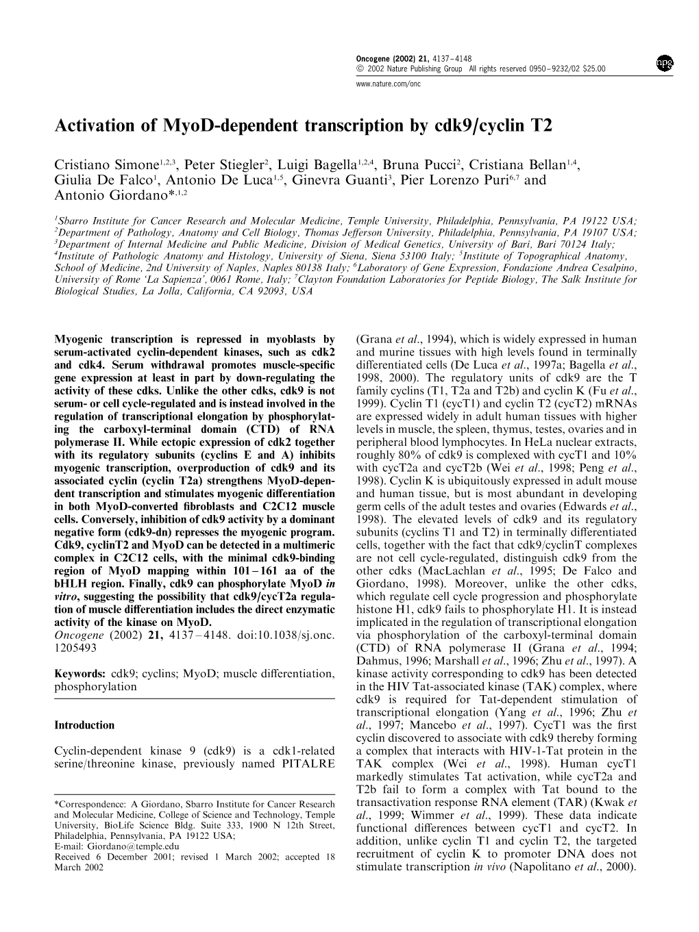 Activation of Myod-Dependent Transcription by Cdk9/Cyclin T2