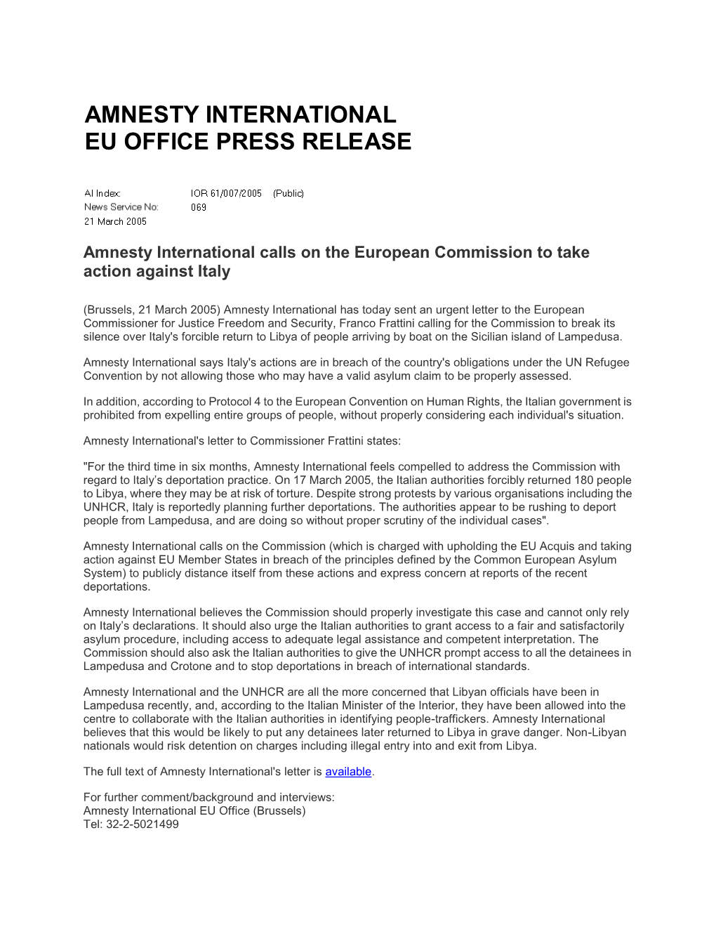 Amnesty International Calls on the European Commission to Take Action Against Italy