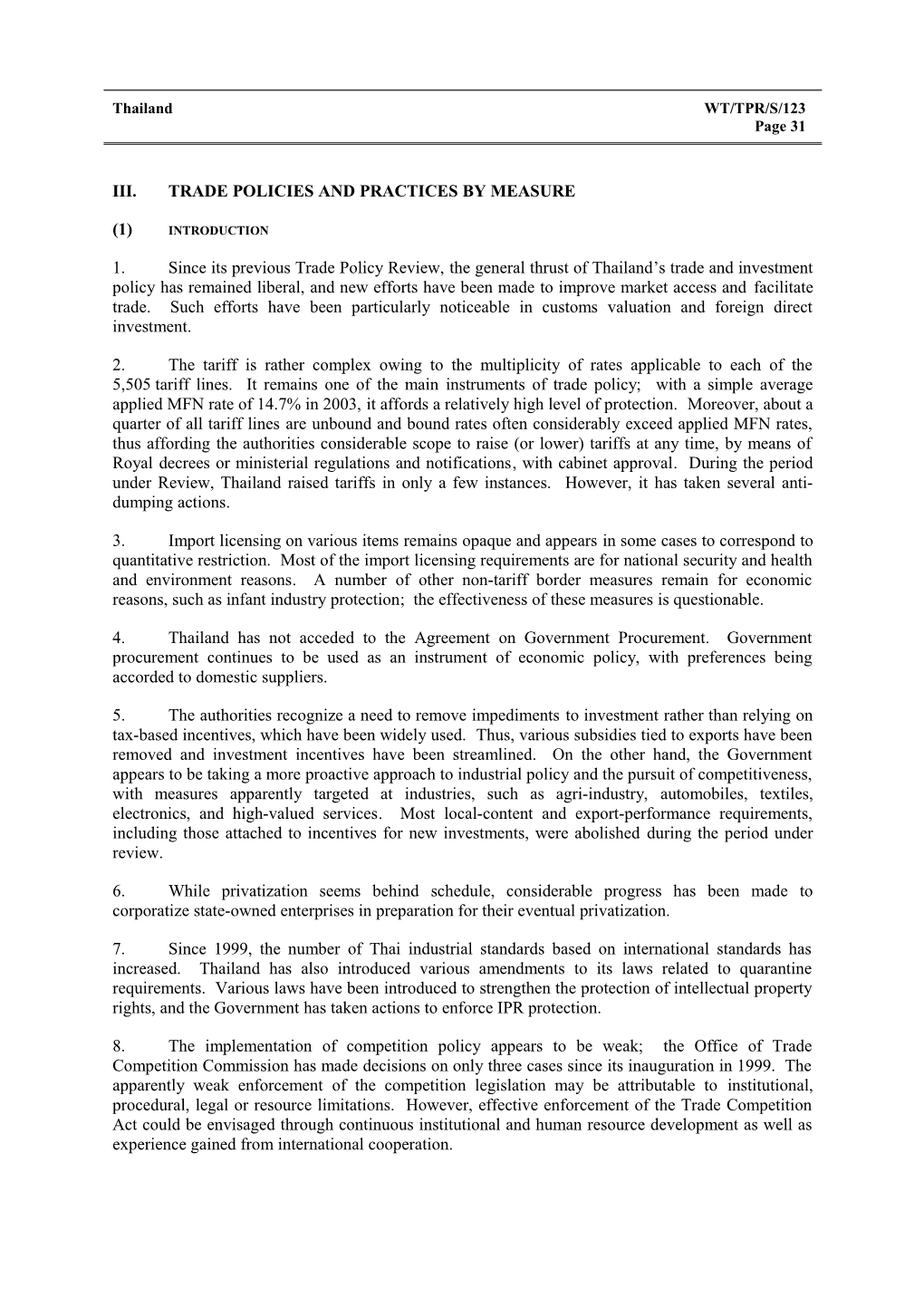 III. Trade Policies and Practices by Measure