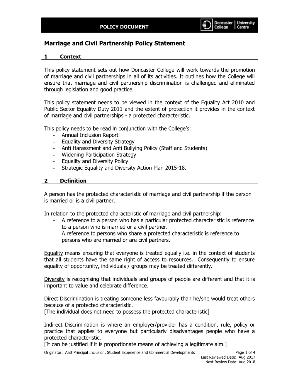 Marriage and Civil Partnership Policy Statement