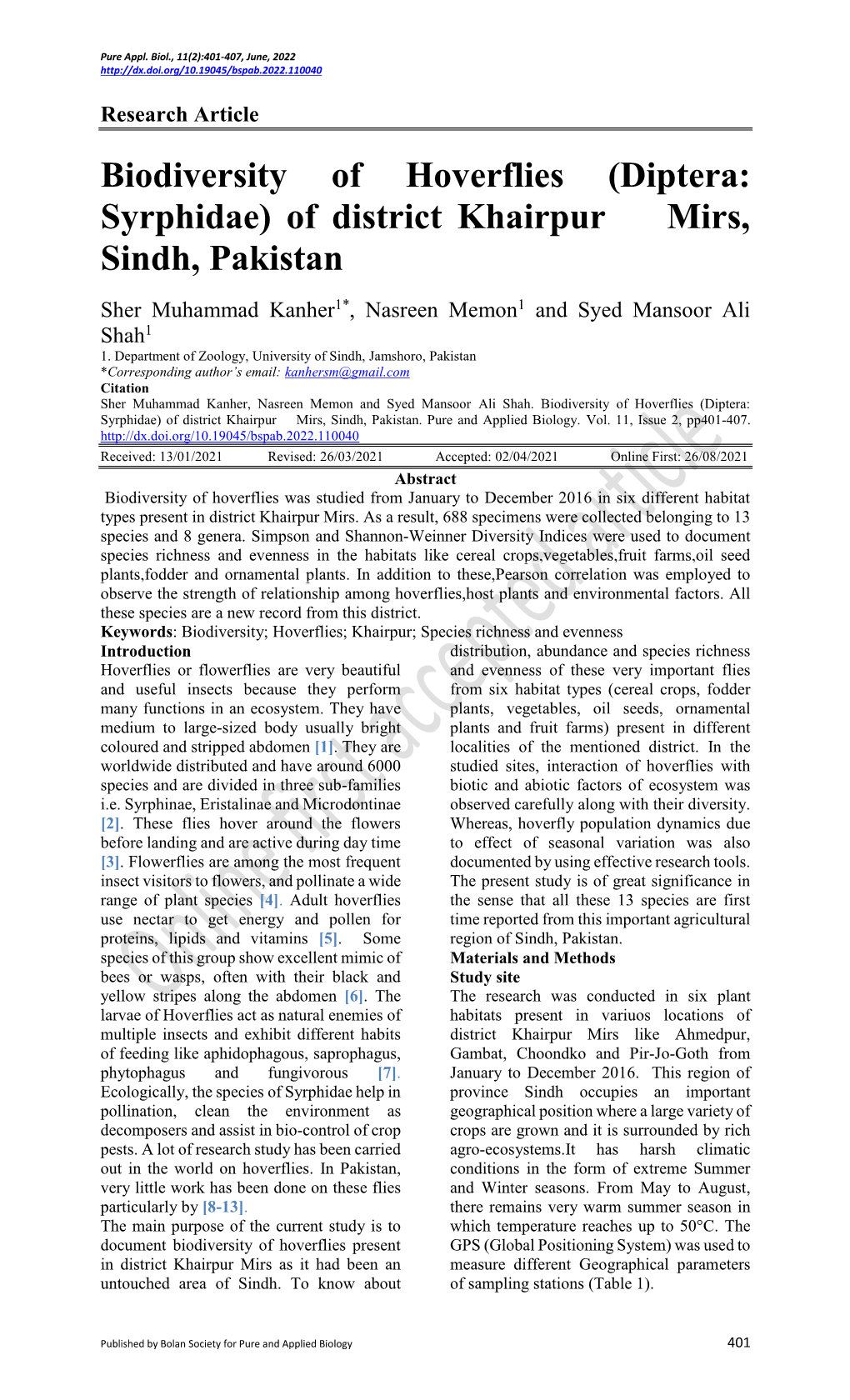 Biodiversity of Hoverflies (Diptera: Syrphidae) of District Khairpur Mirs, Sindh, Pakistan