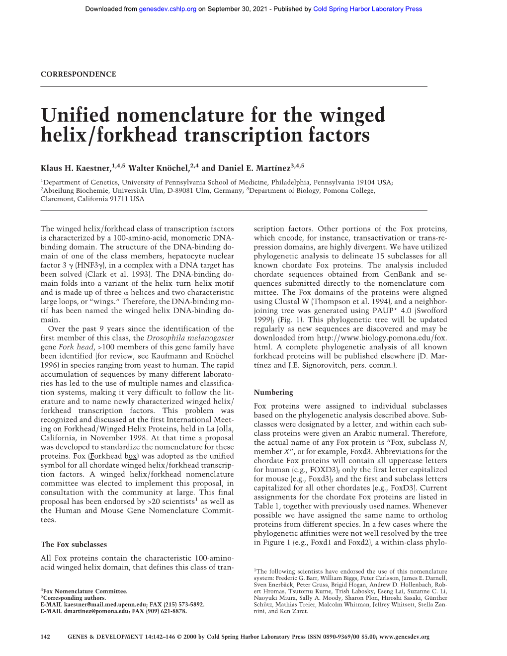 Unified Nomenclature for the Winged Helix/Forkhead Transcription Factors