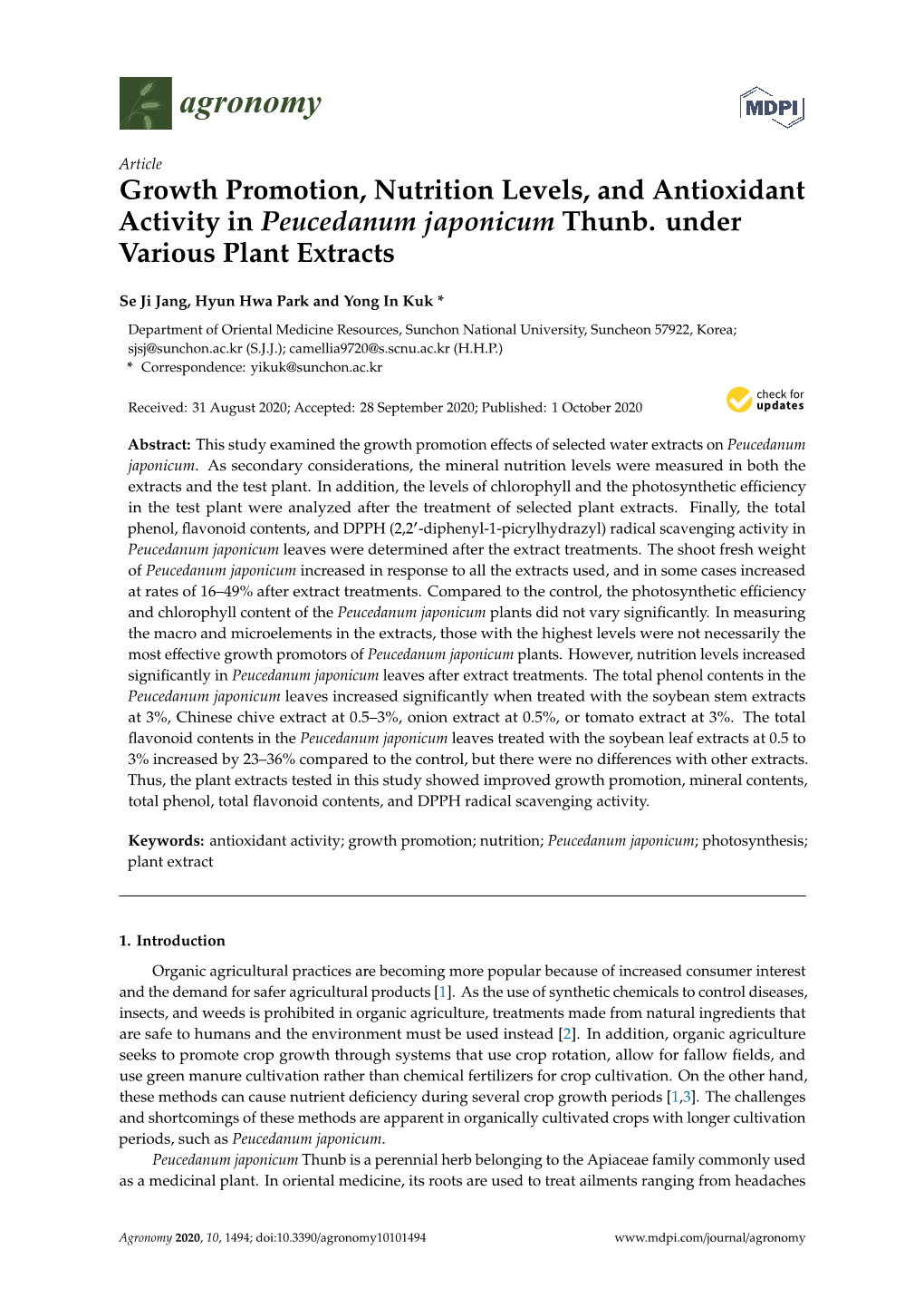 Growth Promotion, Nutrition Levels, and Antioxidant Activity in Peucedanum Japonicum Thunb
