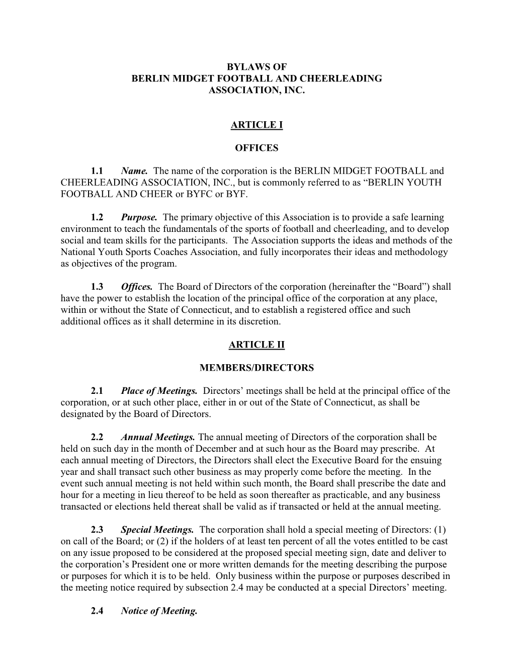 Bylaws of Berlin Midget Football and Cheerleading Association, Inc