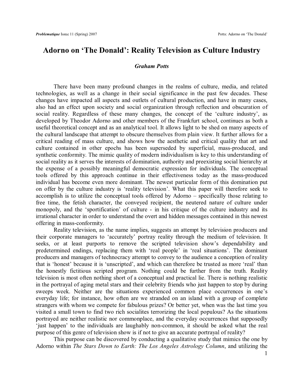 Adorno on 'The Donald': Reality Television As Culture Industry